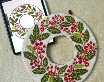 Punch Needle Digital Embroidery Pattern Template, Christmas Wreath PDF File, Digital Download, DIY, Tufting Embroidery Design Pattern