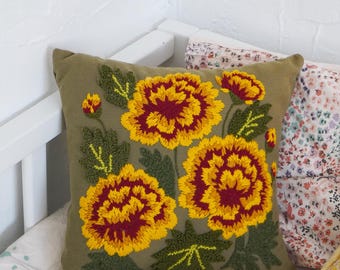 Embroidered Marigold Pillow: Decorative Punch Needle Floral Cushion