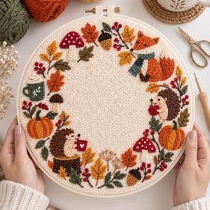 Puede incluir: Un bastidor de bordado circular con un diseño de corona otoñal hecho con aguja mágica. La tela de color crema está decorada con un zorro, erizos, calabazas, setas, bellotas, bayas y hojas en tonos naranja, marrón y verde.