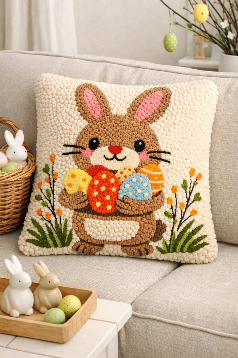 May include: A decorative Easter-themed pillow featuring a brown bunny holding colorful Easter eggs. The pillow has a cream-colored background with a textured, tufted design. The bunny has pink ears and a red nose. Decorative plants are on either side.