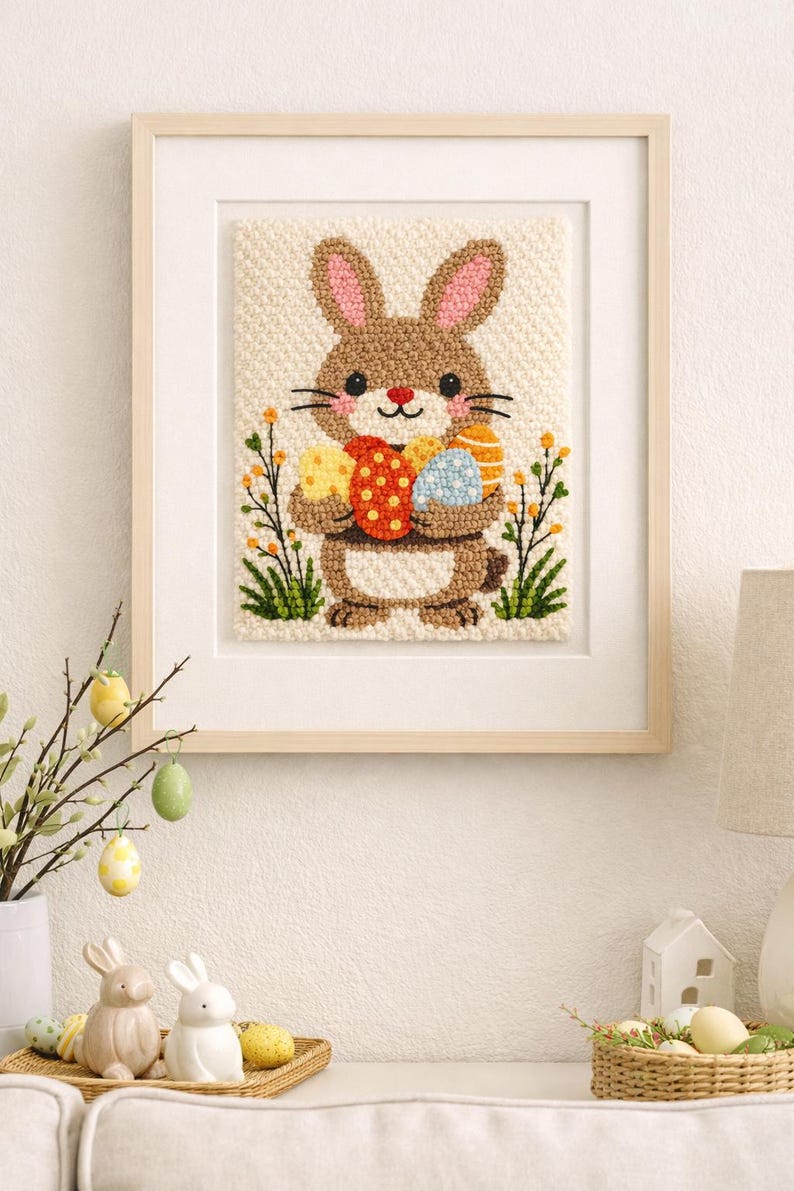May include: Framed Easter-themed artwork featuring a brown bunny holding colorful Easter eggs. The artwork is in a light wooden frame and has a textured, stitched appearance. The bunny is surrounded by green and yellow floral accents, creating a festive spring scene.