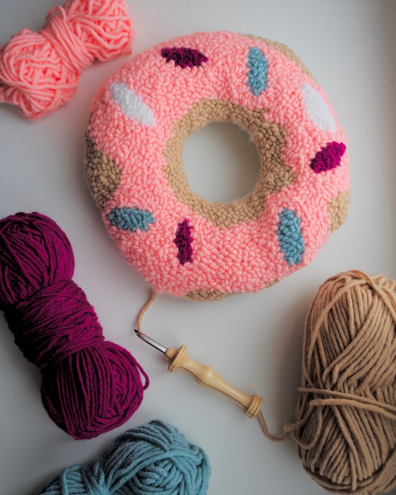 Donut pillow gift / donut plush for baby / crochet donut decor / tufted throw pillow / punch needle pillow / nursing round pillow image 6