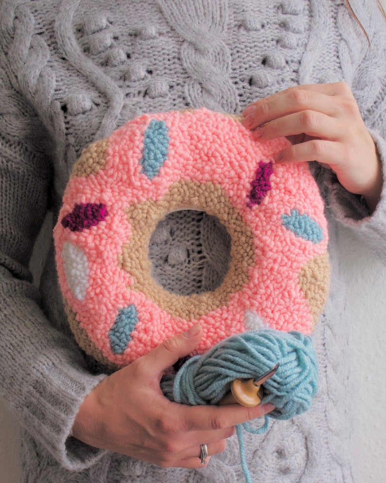 Donut pillow gift / donut plush for baby / crochet donut decor / tufted throw pillow / punch needle pillow / nursing round pillow image 1