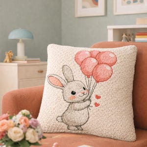 May include: Cream-colored square pillow with an embroidered design of a gray bunny holding pink balloons and small red hearts. The pillow is on a rust-colored couch in a room with framed art.
