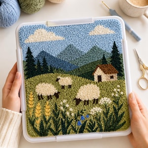 Puede incluir: Un proyecto de bordado con aguja mágica cuadrado en un marco de plástico blanco que muestra un paisaje con tres ovejas blancas, una casa pequeña, colinas verdes, pinos de color verde oscuro y un cielo azul claro con nubes blancas y trigo amarillo.