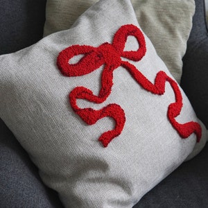 Punch Needle Red Bow Pillow Case, Embroidered Cushion Cover, Modern Art, Textile Gifts, Colorful Pillows, Unique Pillow image 3