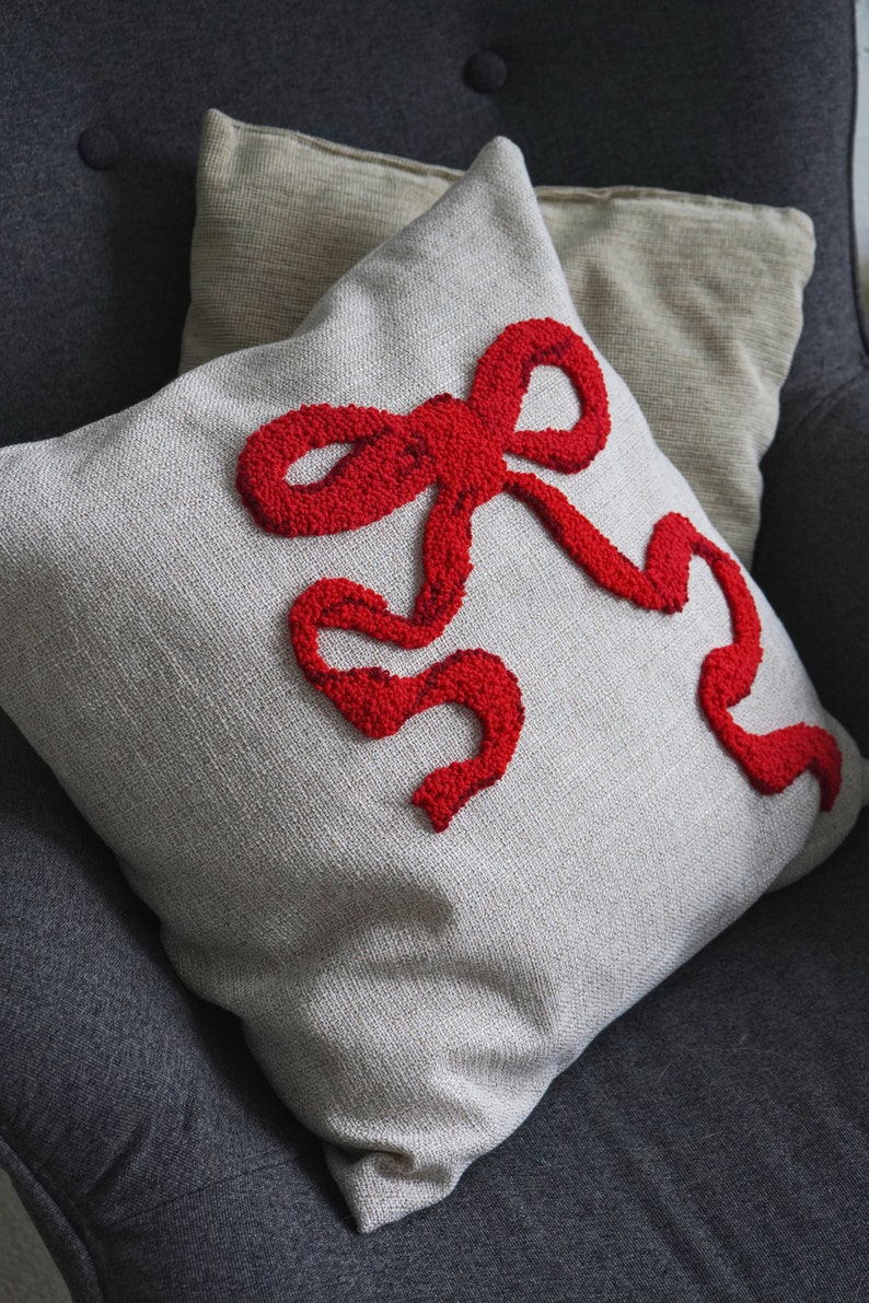 Punch Needle Red Bow Pillow Case, Embroidered Cushion Cover, Modern Art, Textile Gifts, Colorful Pillows, Unique Pillow image 3