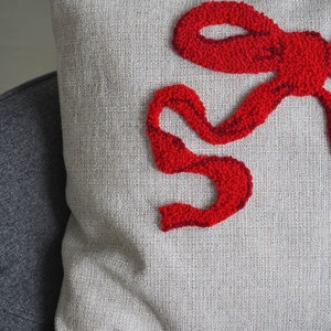 Punch Needle Red Bow Pillow Case, Embroidered Cushion Cover, Modern Art, Textile Gifts, Colorful Pillows, Unique Pillow image 4