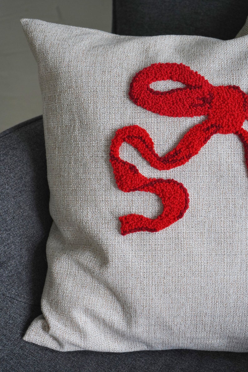 Punch Needle Red Bow Pillow Case, Embroidered Cushion Cover, Modern Art, Textile Gifts, Colorful Pillows, Unique Pillow image 4