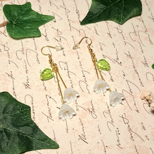 Glass Lily of the Valley Gold Tone Earrings. 45mm. Fairy jewellery Cottagecore fairycore earrings fantasy elven dangle earrings