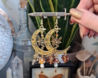 Whimsical Gold Tone Moon Earrings With Fairy Charms and Brown Glass Mushrooms. 70mm. Large statement whimsigoth fairycore fantasy elven