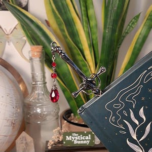 May include: A silver sword-shaped bookmark with a red jewel pendant is inserted into a teal book. The bookmark has a decorative handle and a dangling chain with red beads and a teardrop-shaped jewel. The book has gold-colored line art.