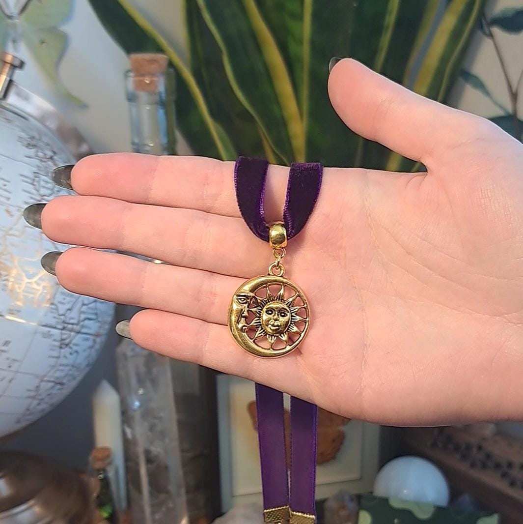 Celestial Sun and Moon Purple Velvet Choker Necklace 15-17" Adjustable ...
