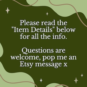 K&ouml;nnte beinhalten: Gr&uuml;ner Hintergrund mit wei&szlig;em Text, der lautet: "Bitte lesen Sie die "Artikeldetails" unten f&uuml;r alle Informationen. Fragen sind willkommen, senden Sie mir eine Etsy-Nachricht x".