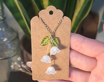 Glass Lily of the Valley 18 Inch Gold Tone Necklace, Fairy jewellery Cottagecore fairycore necklace fantasy elven jewellery