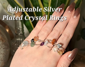 Adjustable Silver Plated Crystal Rings. Minimalistic gemstone ring witchy jewellery
