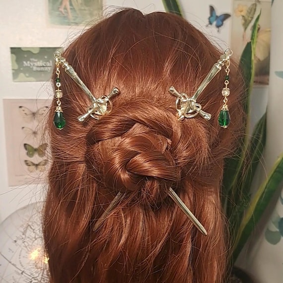 ☆ glass accessory ☆ hair accessory Gold Tone Sword Hair Pins With Green Glass Beaded Charms. 20cm