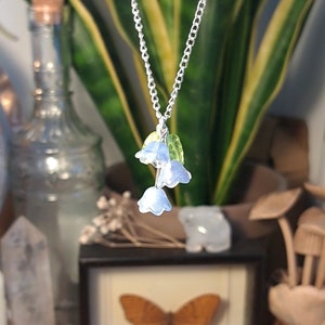Glass Bluebell Necklace, 18&quot; Silver Plated Necklace. Fairy jewellery Cottagecore fairycore earrings fantasy elven charm pendant