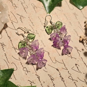 Purple Glass Wisteria Flower Sterling Silver Earrings. 50mm. Fairy jewellery Cottagecore fairycore earrings fantasy elven dangle earrings