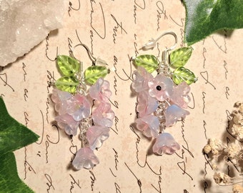 Blue Pink Glass Wisteria Flower Sterling Silver Earrings. 55mm. Fairy jewellery Cottagecore fairycore earrings fantasy elven dangle earrings