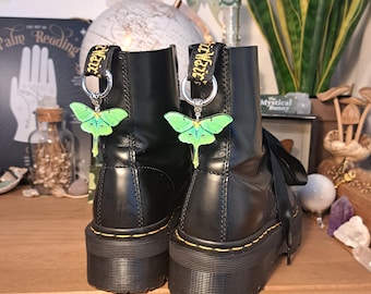 Luna Moth Boot Charms. Silver or Gold, 40mm charm clip on boot accessories. Shoe accessories. Boot decorations. whimsigoth goth witchy alt