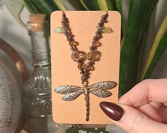 Whimsical Dragonfly Nature Themed Adjustable Beaded Necklace. Glass beaded necklace on brown waxed cord. Cottagecore fairycore witchy
