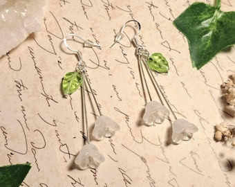 Glass Lily of the Valley Sterling Silver Earrings. 45mm. Fairy jewellery Cottagecore fairycore earrings fantasy elven dangle earrings
