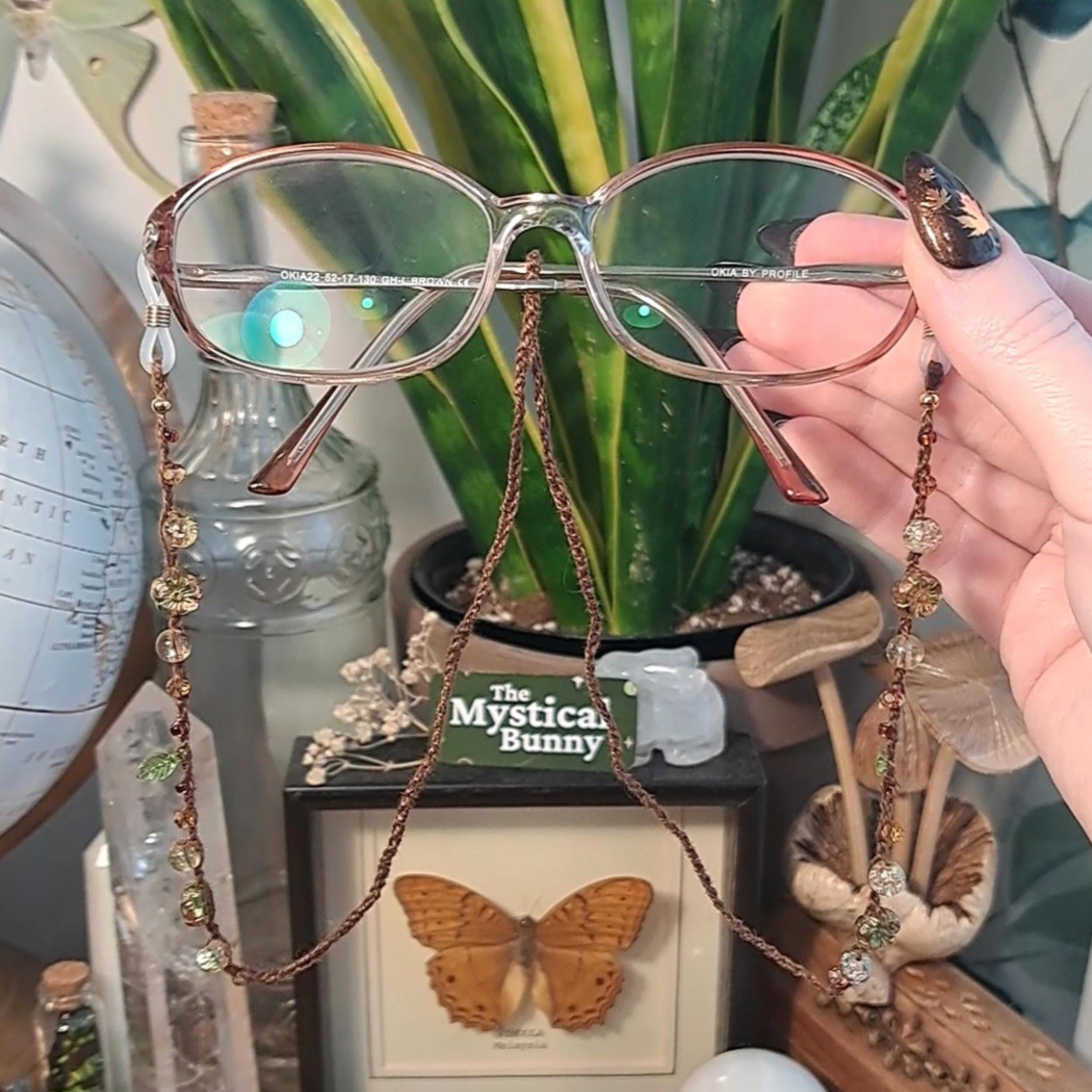 Whimsical Nature Themed Beaded Crochet Glasses Chain. Cottagecore