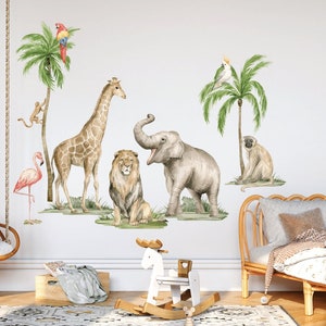 Väggdekor för barnrum med safaridjur, djungeldjur, väggdekor för tropiska apor, väggdekor för barn, vilda akvarelldjur
