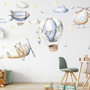 Hot air balloon Wall decal, Nursery wall decal, Watercolor Hot air balloon, Airplane wall sticker, Boys wall decal, Name wall decal