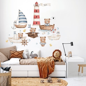 Ocean life Nursery wall decal, Personalized teddy bear, Ship wall sticker, Boat in the sea, Cute watercolor forest animals
