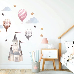 Princess Castle wall decal, Nursery wall sticker, Watercolor Hot air balloon, Fairy wall sticker, Girl nursery decor