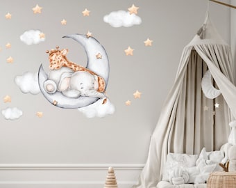 Safari animals Wall decal, Nursery wall decal, Wild watercolor animal stickers, Sleeping Jungle animals on clouds