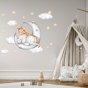 Safari animals Wall decal, Nursery wall decal, Wild watercolor animal stickers, Sleeping Jungle animals on clouds