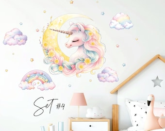 May include: A set of unicorn wall decals featuring a unicorn with a rainbow, clouds, and stars. The decals are perfect for a child's bedroom or nursery. The text "Set #4" is visible in the image.