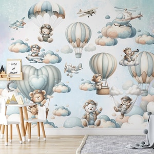 Carta da parati per bambini con mongolfiera, orsetto volante, aviatore, murale, aeroplani, arte murale, decorazione per la stanza dei ragazzi, cielo e nuvole