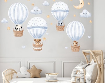 Calcomanía de pared de globo aerostático, pegatina de pared personalizada, calcomanía de pared de vivero de animales Safari de acuarela, decoración de la selva, arte de pared