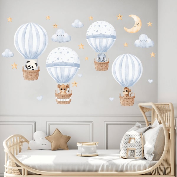 Hot Air Balloon Wall decal, Personalised wall sticker, Watercolor Safari animals Nursery wall decal, Jungle decor Wall art