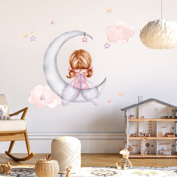 Ballerina wall decal, Nursery wall sticker, Princess on the moon, Clouds and stars, Fairy wall sticker, Baby girl room decor