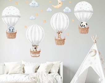 Calcomanía de pared de globo aerostático, pegatina de pared personalizada, calcomanía de pared de vivero de animales Safari de acuarela, decoración de la selva, arte de pared