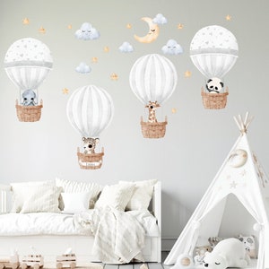 Hot Air Balloon Wall decal, Personalised wall sticker, Watercolor Safari animals Nursery wall decal, Jungle decor Wall art