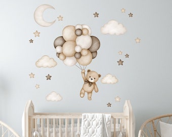 Teddybeer met luchtballonnen, kinderkamer muur sticker, muur sticker voor kinderen, aquarel dieren wand decor, baby meisje muur sticker