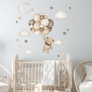 Teddybeer met luchtballonnen, kinderkamer muur sticker, muur sticker voor kinderen, aquarel dieren wand decor, baby meisje muur sticker afbeelding 1