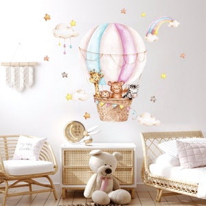 Hot Air Balloon Nursery wall decal, Watercolor safari animals, Rainbow wall sticker, Baby girl room decor,
