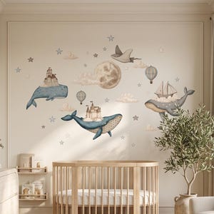 Whale Nursery Wall Decals, Ocean Wall Decor, Hot Air Balloon Stickers, Under the Sea Wall Art, Baby Boy Room Decor