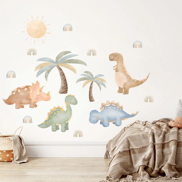 Sticker mural dinosaure, sticker mural chambre d'enfant, animaux aquarelles, stickers muraux dinosaure pour chambre d'enfant, art mural, sticker mural animal, arc-en-ciel en sourdine
