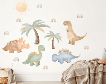 Sticker mural dinosaure, sticker mural chambre d'enfant, animaux aquarelles, stickers muraux dinosaure pour chambre d'enfant, art mural, sticker mural animal, arc-en-ciel en sourdine