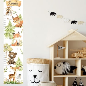 Gepersonaliseerde hoogtekaart sticker, Kwekerij groeikaart sticker, Bosdieren, Aquarel bosdieren, Kinderen muur sticker