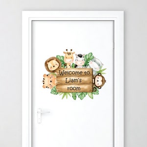 Personalised Door Name decal, Safari animals, Watercolor tropical animals, Kids room door decor