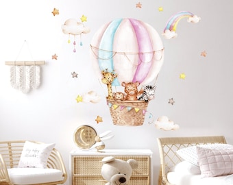 Décalque de mur de pépinière de ballon à air chaud, animaux de safari d'aquarelle, autocollant de mur d'arc-en-ciel, décor de chambre de bébé fille,